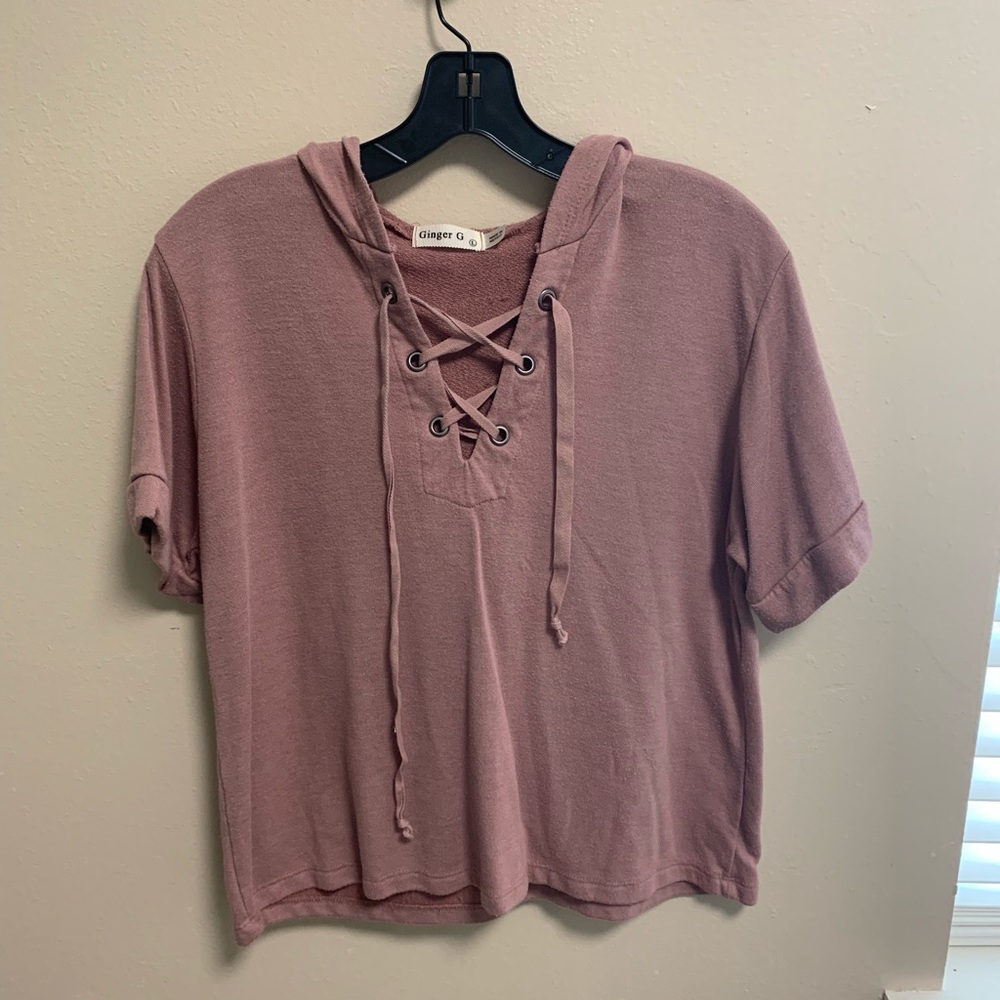 Pink Short Sleeve Hooded Shirt with Lace up Front